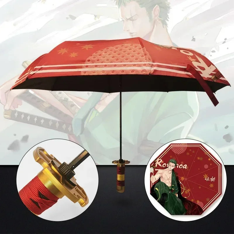 Demon Slayer Folding Katana Umbrella Tanjirou Zenitsu Anime UV Parasol Rain Gear Samurai Style Cosplay Display Photo Prop Decor