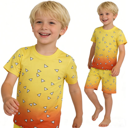 Kids Boys Girls Japanese Anime Style 2 Piece Pajama Set Short Sleeve Geometric Print Sleepwear Tanjiro Nezuko Zenitsu Loungewear