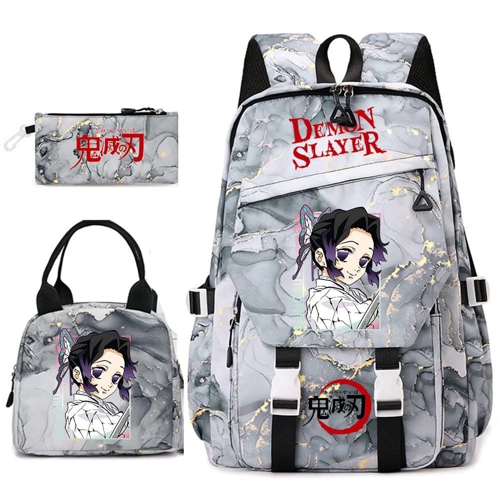 Demon Slayer Anime Backpack Set for Girls Demon Slayer 3Pcs School Bag Lunch Kit Pouch
