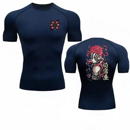 Bandai Demon Slayer Akaza Men's Compression Shirt, Quick Dry Elastic Short Sleeve Gym Workout Breathable Fitness Sportswear