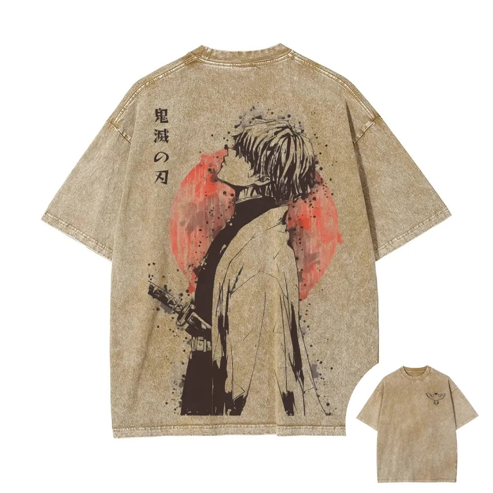 2026 Summer New Zenitsu Agatsuma Breath of Thunder Retro Washed Old T-shirt Demon Slayer 90s Street Style Short-sleeved Top