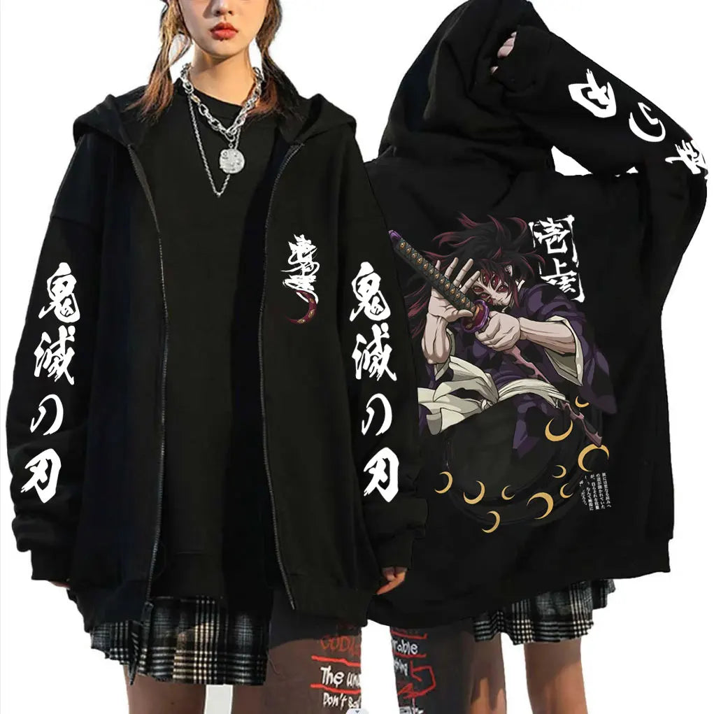 Anime Demon Slayer Kokushibo Zipper Hoodie Men Women Clothing Cartoon Fashion Zip Up Jacket Men's Oversized Zip Up Sweatshir