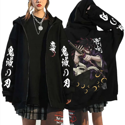 Anime Demon Slayer Kokushibo Zipper Hoodie Men Women Clothing Cartoon Fashion Zip Up Jacket Men's Oversized Zip Up Sweatshir