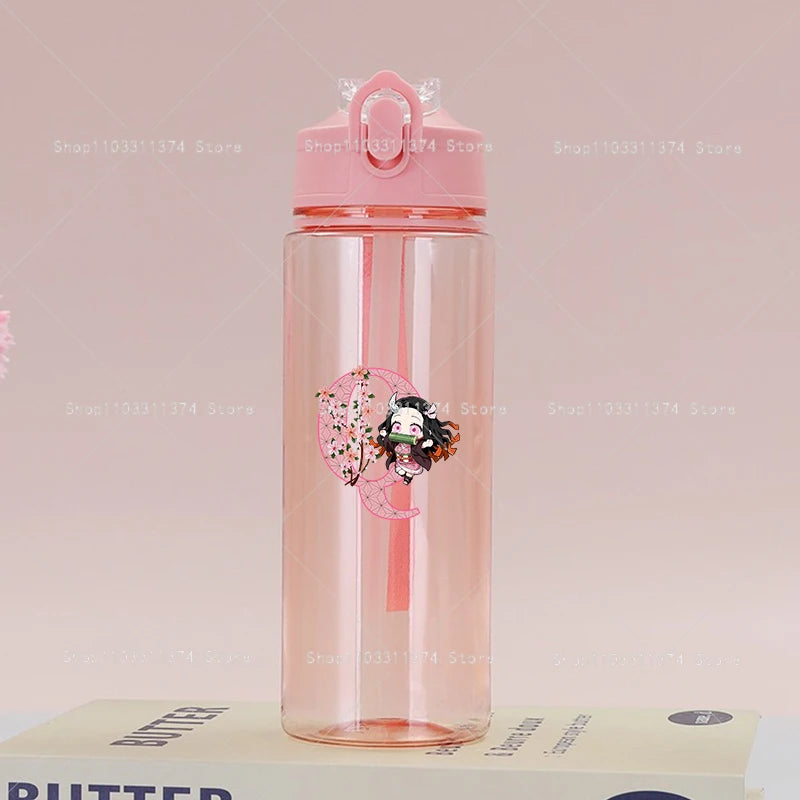 Demon Slayer Pink Water Bottle with Straw Cute Drinking Bottles Letter A-z Summer Sports Portable Water Cup Child Birthday Gift