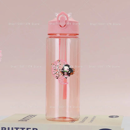 Demon Slayer Pink Water Bottle with Straw Cute Drinking Bottles Letter A-z Summer Sports Portable Water Cup Child Birthday Gift