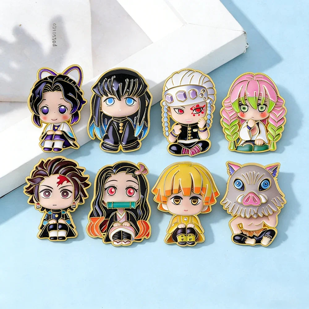 8Pcs Cute Demon Slayer Brooch Badge Anime Cosplay Chibi Character Tanjiro Nezuko Shinobu Giyuu Rengoku Enamel Lapel Pins Gift