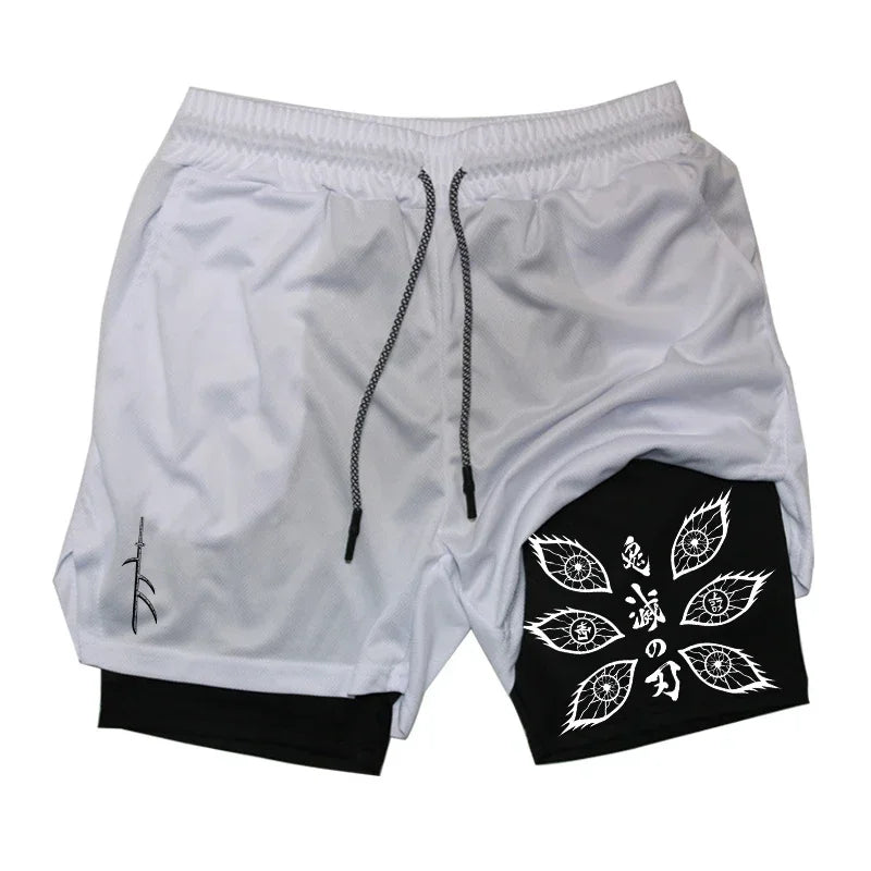 Demon Slayer Unisex Summer Sports Shorts Kokushibo Anime Printed Running Speed Dry Breathable 2-in-1 Double-layer Shorts