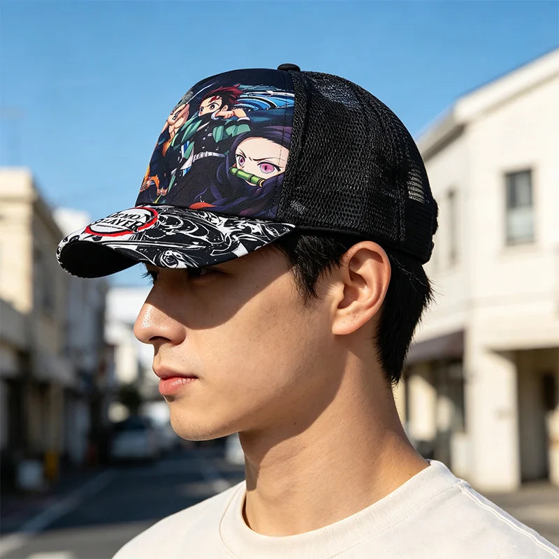 Kimetsu No Yaiba Cartoon Character Printed Trucker Hat Adjustable Snapback Mesh Baseball Cap Casual Anime Fan Headwear