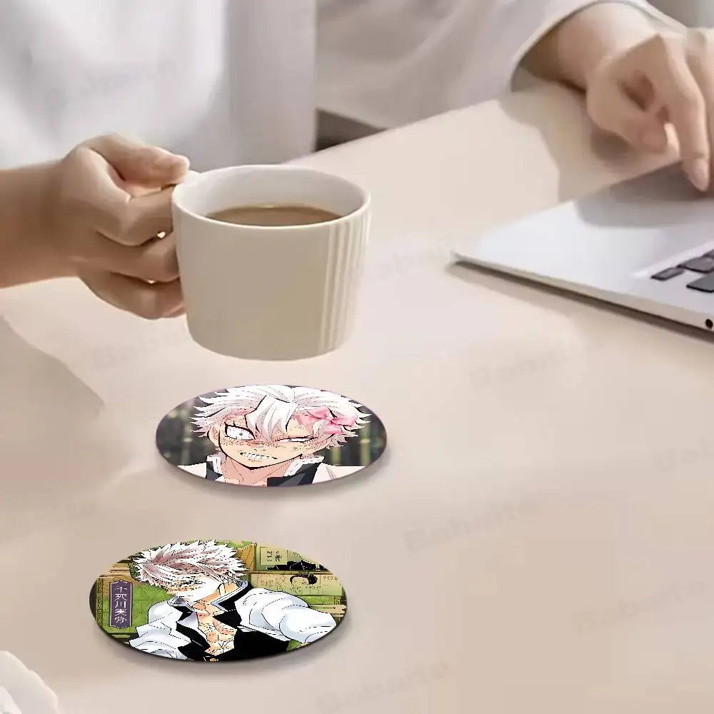 Cartoon Character Shinazugawa Sanemi Wood Coasters Round Coaster Non-slip Heat Insulation Coffee Mats Home Accessories Kitchen