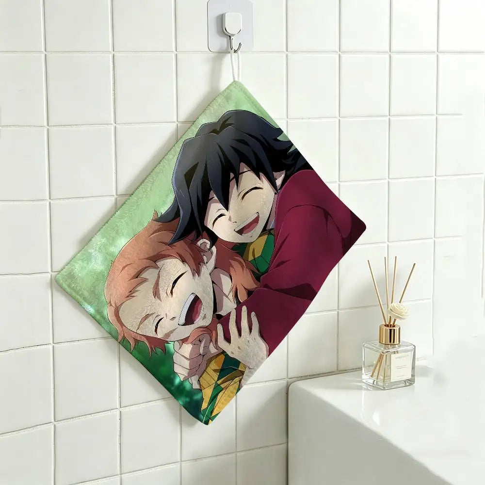 Cartoon Figure Giyu Tomioka Hanging Polyester Cotton Towel, Reusable Hand Wiping Cloth, Wear Resistant for Home Kitchen Sink