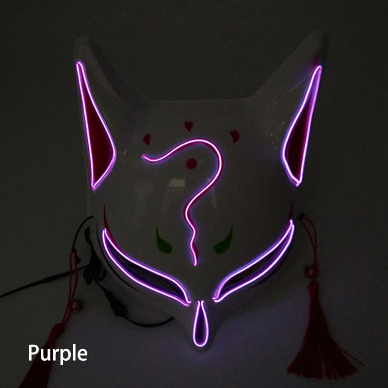 Glowing  Demon Slayer Mask Cosplay Japanese Cartoon Neon Light Samurai Mascara Luminous Led Fox Mask For Halloween Christmas