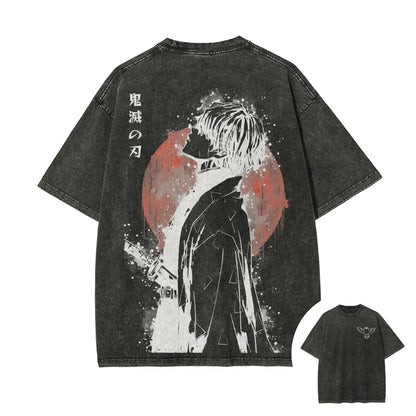 2026 Summer New Zenitsu Agatsuma Breath of Thunder Retro Washed Old T-shirt Demon Slayer 90s Street Style Short-sleeved Top
