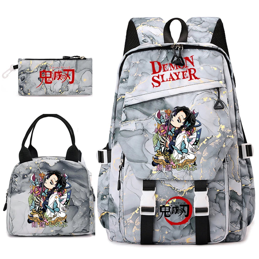 Demon Slayer Anime Backpack Set for Girls Demon Slayer 3Pcs School Bag Lunch Kit Pouch