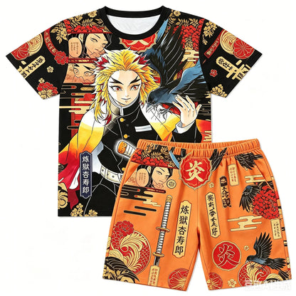 Demon Slayer Doma Red Splatter Print T-Shirt Shorts Set For Men Women Kids Soft Anime Summer Breathable Casual Loungewear Pajama