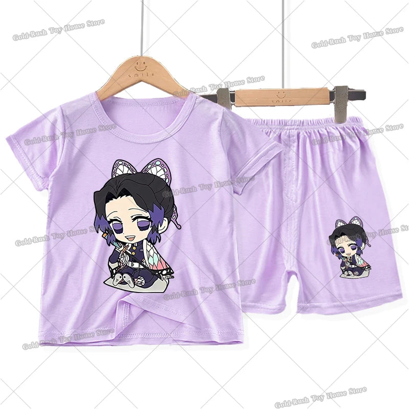 Demon Slayer Girl Pajamas Set Kamado Nezuko Kochou Shinobu Toddler Sleepwear 2pcs Cartoon Summer Home Tops Shorts Kids Pyjamas