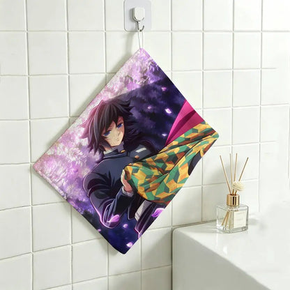 Cartoon Figure Giyu Tomioka Hanging Polyester Cotton Towel, Reusable Hand Wiping Cloth, Wear Resistant for Home Kitchen Sink