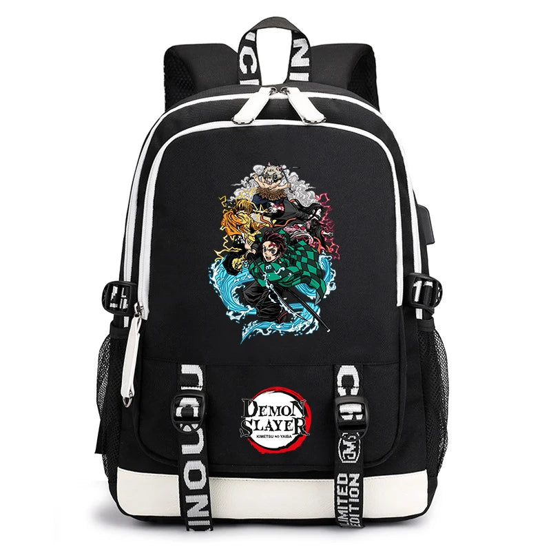 Demon Slayer Anime Print Student Backpack USB Charging Port Lightweight School Bag for Boys Girls