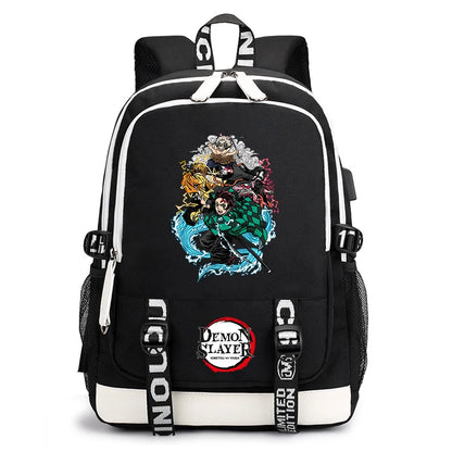 Demon Slayer Anime Print Student Backpack USB Charging Port Lightweight School Bag for Boys Girls