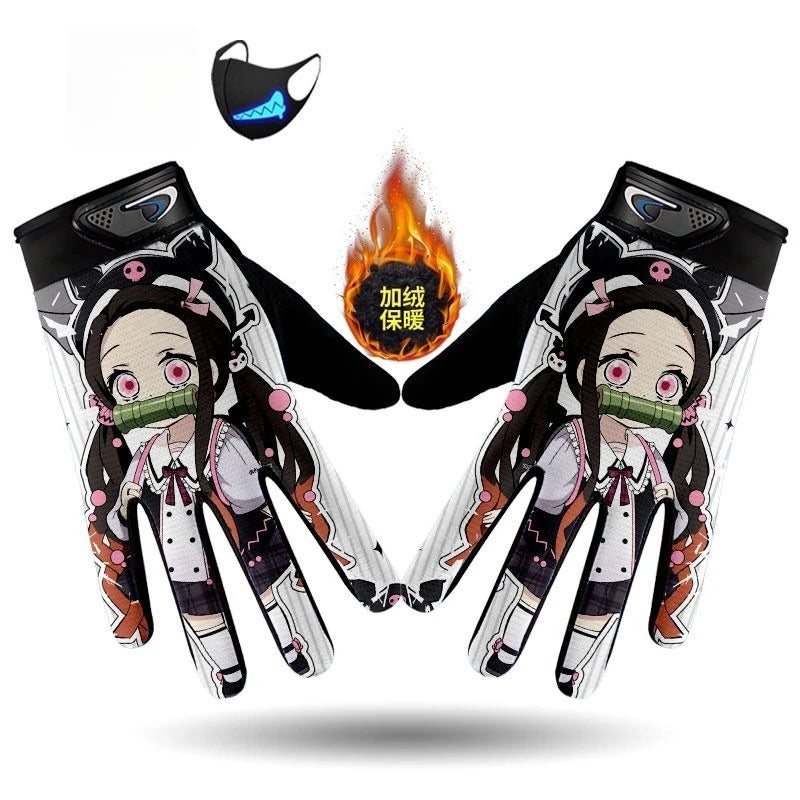 Demons Slayers Tanjiro Kamado Children's Warm Plus Velvet Ski Five-finger Gloves Men and Women Winter Cartoon Nezuko Gloves