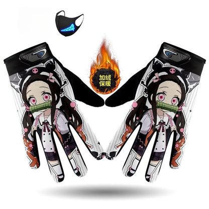 Demons Slayers Tanjiro Kamado Children's Warm Plus Velvet Ski Five-finger Gloves Men and Women Winter Cartoon Nezuko Gloves