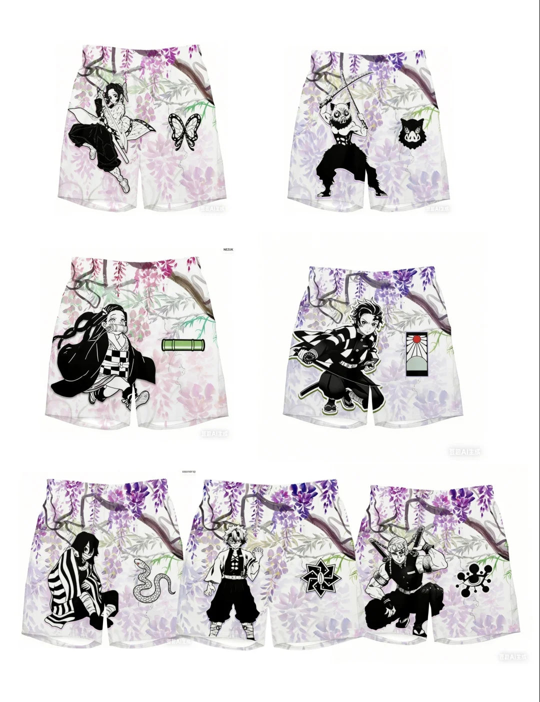 Demon Slayer Wisteria Shorts for Adults and Children, 3D Printed Beach Shorts of The Swordsman Under The Wisteria
