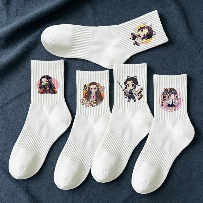 5pairs Demon Slayers Socks for Adult Cartoon Chopper Student Cotton White Long Short Boat Socks Printed Knitted Socks Fashion