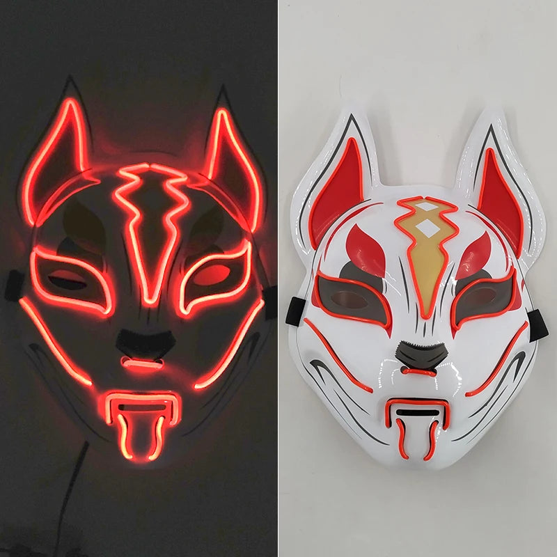 Glowing  Demon Slayer Mask Cosplay Japanese Cartoon Neon Light Samurai Mascara Luminous Led Fox Mask For Halloween Christmas