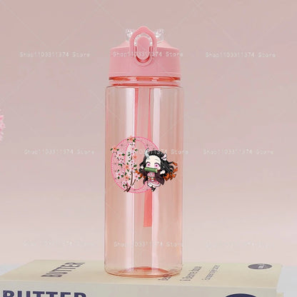 Demon Slayer Pink Water Bottle with Straw Cute Drinking Bottles Letter A-z Summer Sports Portable Water Cup Child Birthday Gift