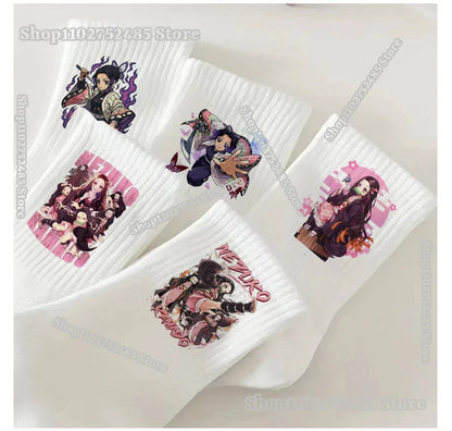 Anime Demon Slayer Socks-Cute Chibi Nezuko & Shinobu Crew Sock Soft Cotton Blend Unisex Casual Fashion Gift for Fans 5 Pairs Set