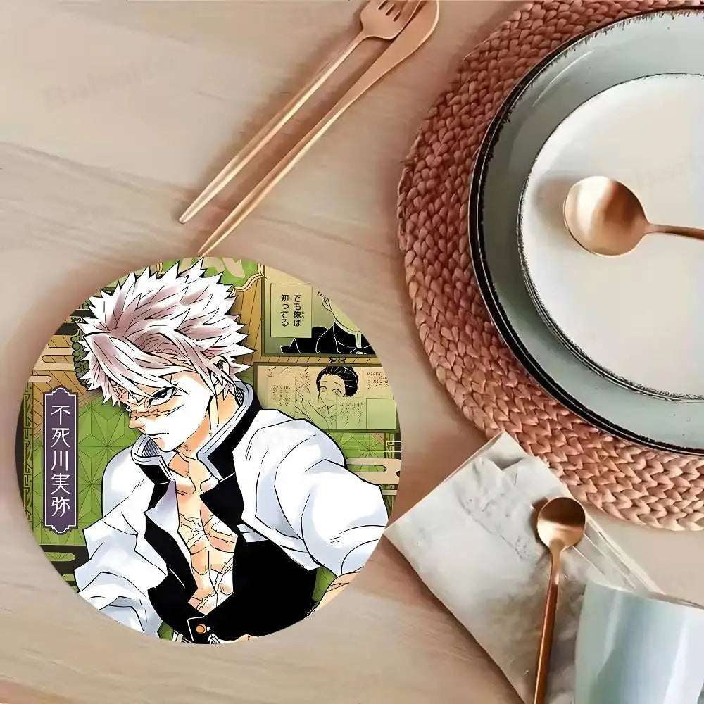 Cartoon Character Shinazugawa Sanemi Wood Coasters Round Coaster Non-slip Heat Insulation Coffee Mats Home Accessories Kitchen