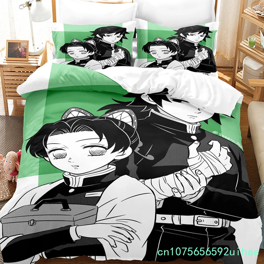 Kawaii Cartoon Demon Slayer Bedding Sets Duvet Cover Set With Pillowcase Twin Full Queen King Bedclothes Bed Linen Home Textiles