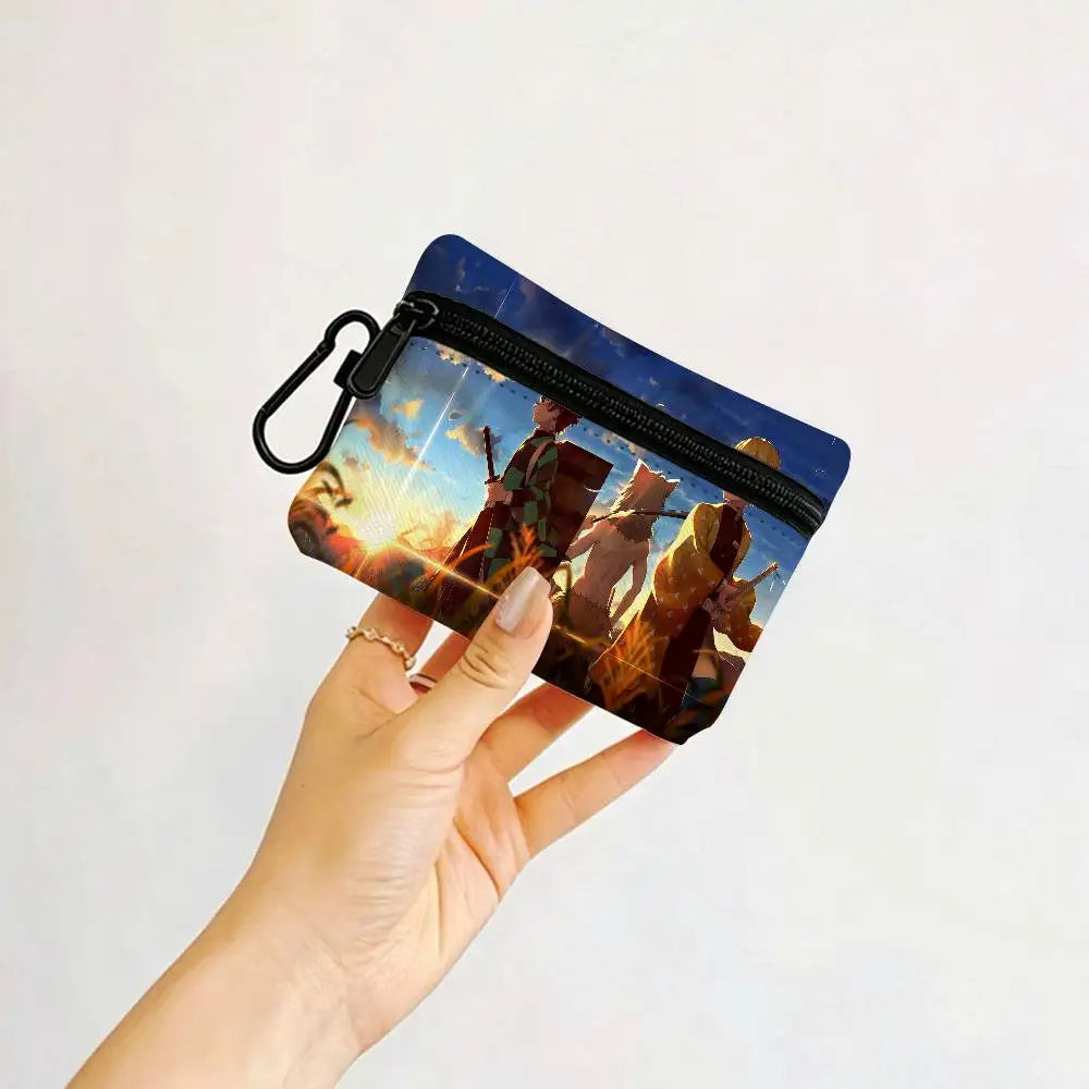 Anime D-DemonS Slayer Mini Oxford Cloth Coin Purse With Carabiner Hook Portable Key Card Wallet Small Zipper Storage Pouch