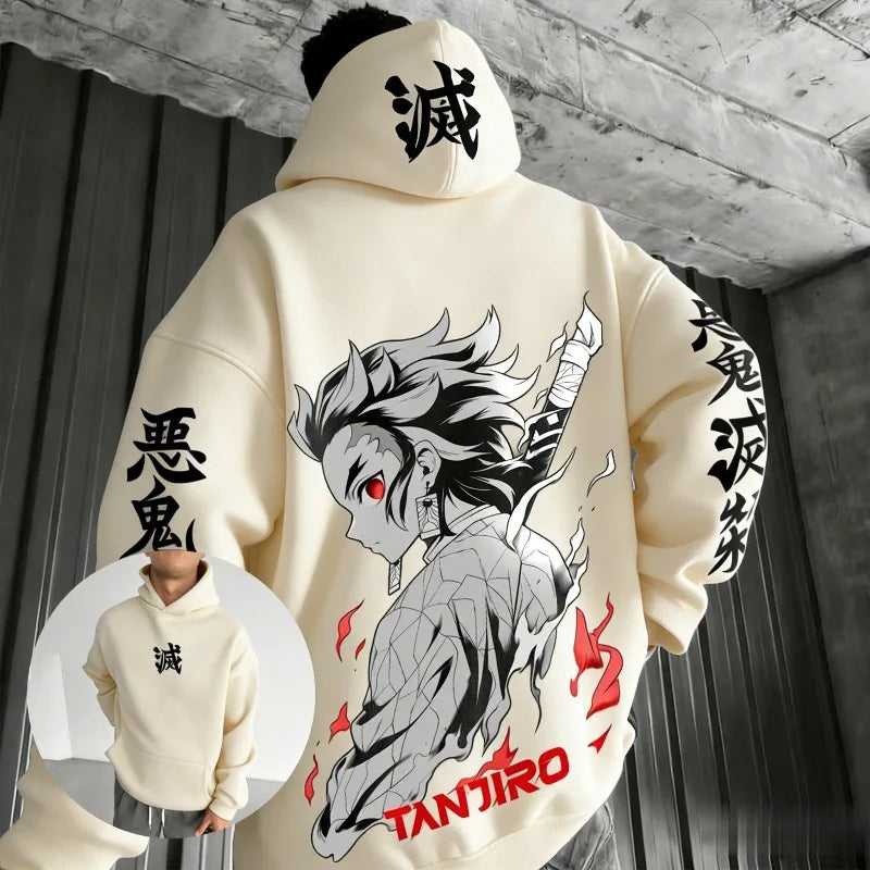 Unisex Demon Slayer Tanjiro Anime Hoodie Cotton Pullover Graphic Print Oversized Casual Streetwear Cosplay Y2k Long Sleeves Tops