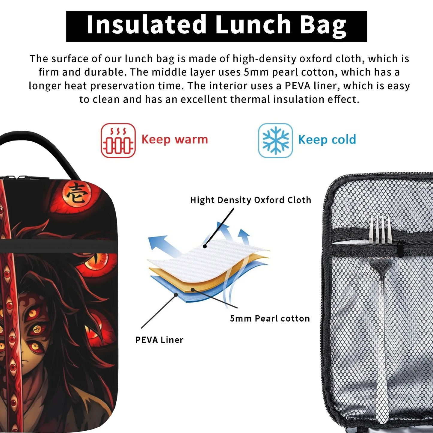 1 Piece Portable Lunch Container Upper Moon One  Zipper Closure Durable Pocket Demon Slayer  For Lunch Lunch Box Bag