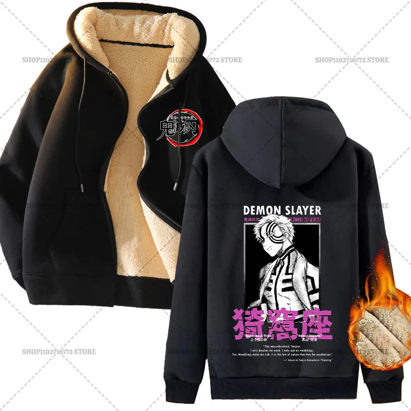 Fashion Clothes Anime Kimetsus No Yaibas Print Sweatshirt Men Women Demons Slayers Winter Loose Fleece Zipper Coat Hoodies Gift