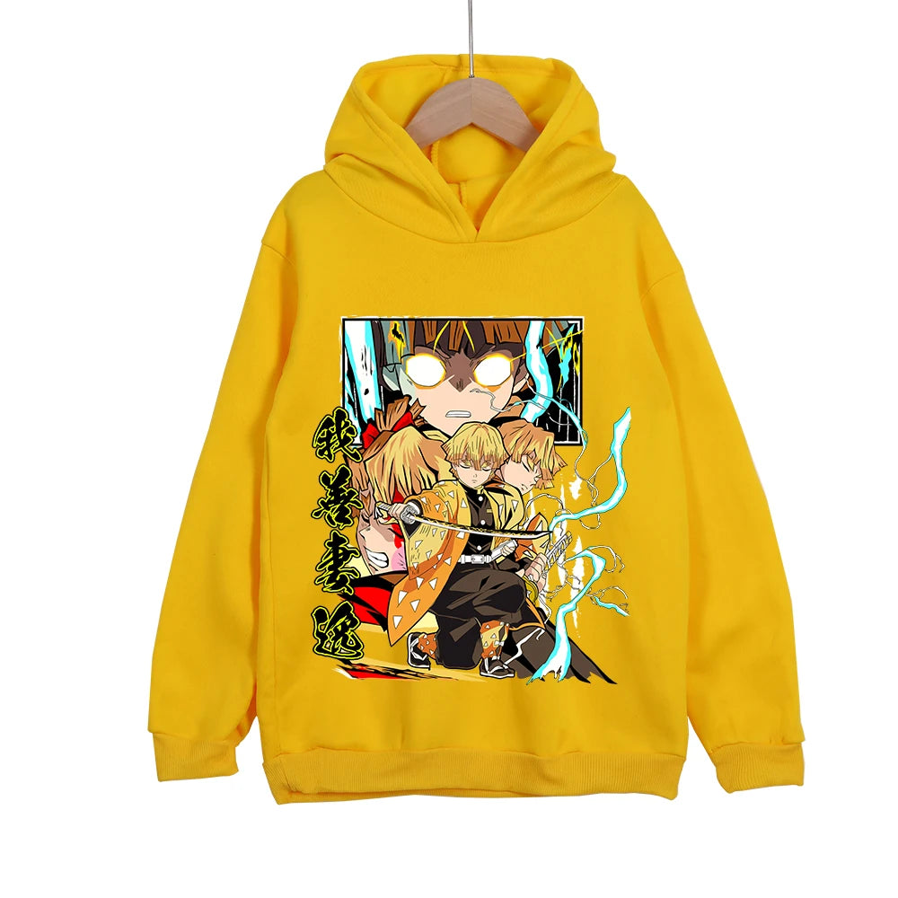 Kids Anime Demon Slayer Zenitsu Print Cotton Hoodie Unisex Boys Girls Pullover Sweatshirt Cosplay Costume for 3-12 Year Children