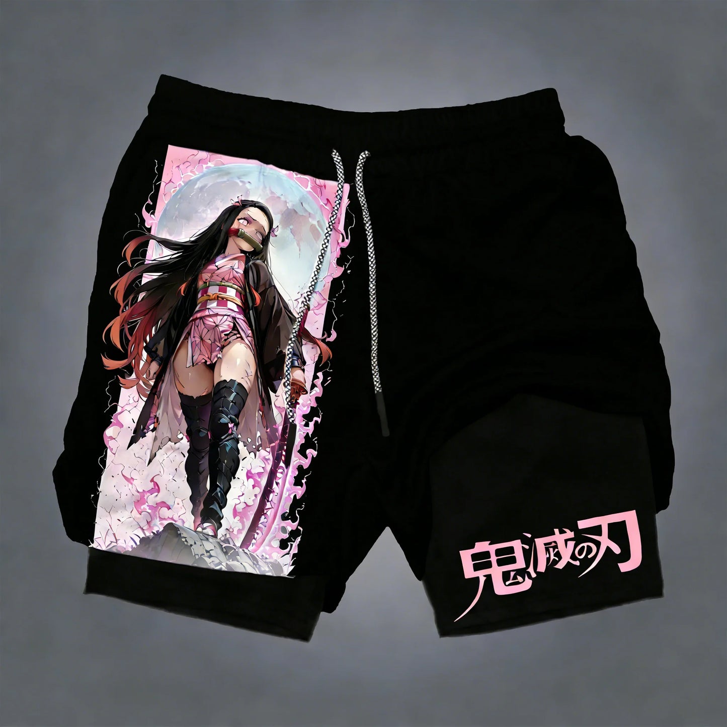 Demon Slayer Men's Summer Double Layer Shorts New Nezuko Anime Printed Gym Quick Drying Breathable 2-in-1 Sports Shorts