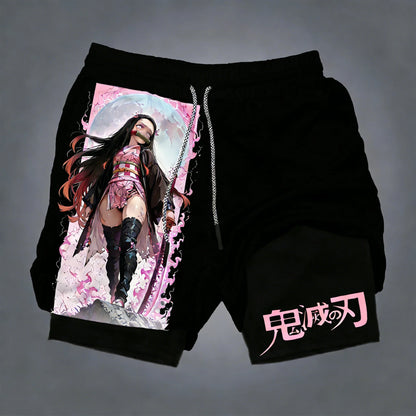Demon Slayer Men's Summer Double Layer Shorts New Nezuko Anime Printed Gym Quick Drying Breathable 2-in-1 Sports Shorts