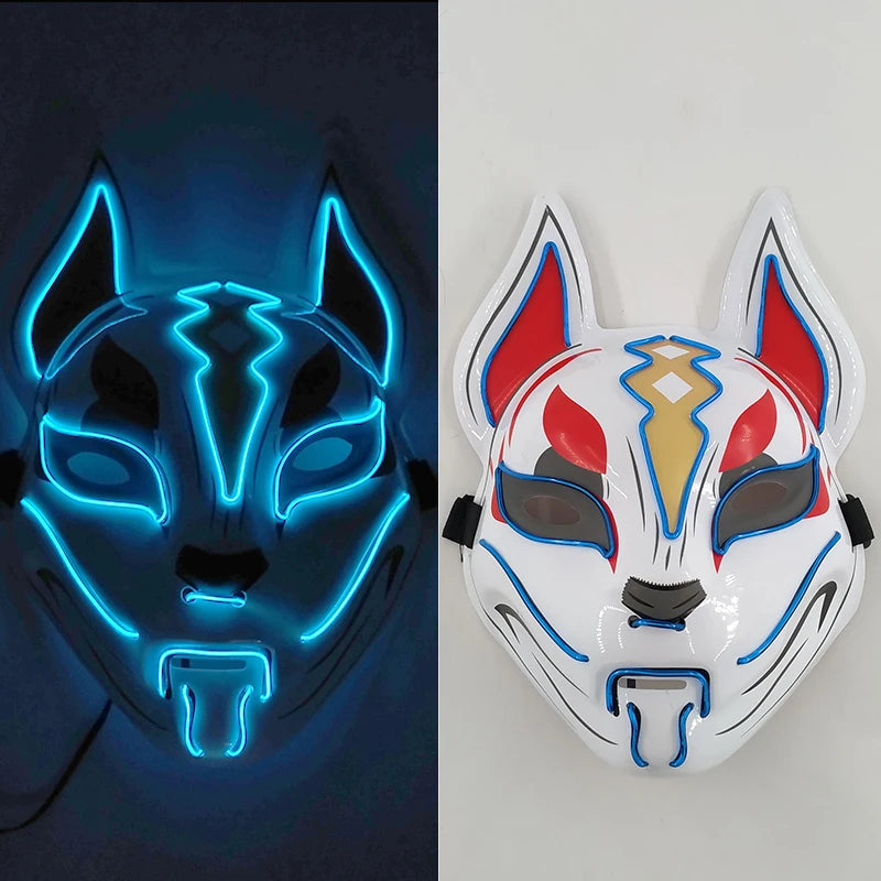 Glowing  Demon Slayer Mask Cosplay Japanese Cartoon Neon Light Samurai Mascara Luminous Led Fox Mask For Halloween Christmas