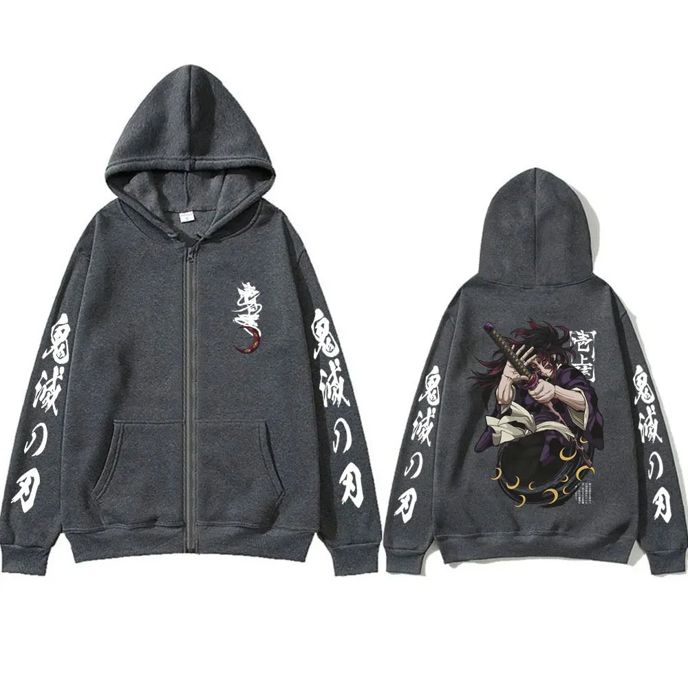 Anime Demon Slayer Kokushibo Zipper Hoodie Men Women Clothing Cartoon Fashion Zip Up Jacket Men's Oversized Zip Up Sweatshir