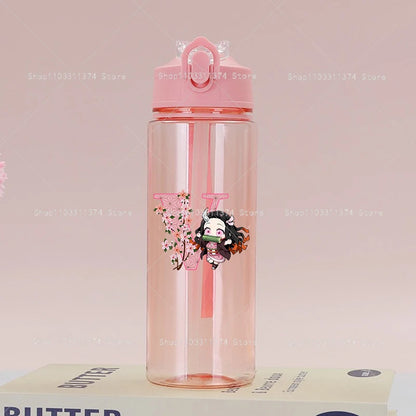 Demon Slayer Pink Water Bottle with Straw Cute Drinking Bottles Letter A-z Summer Sports Portable Water Cup Child Birthday Gift