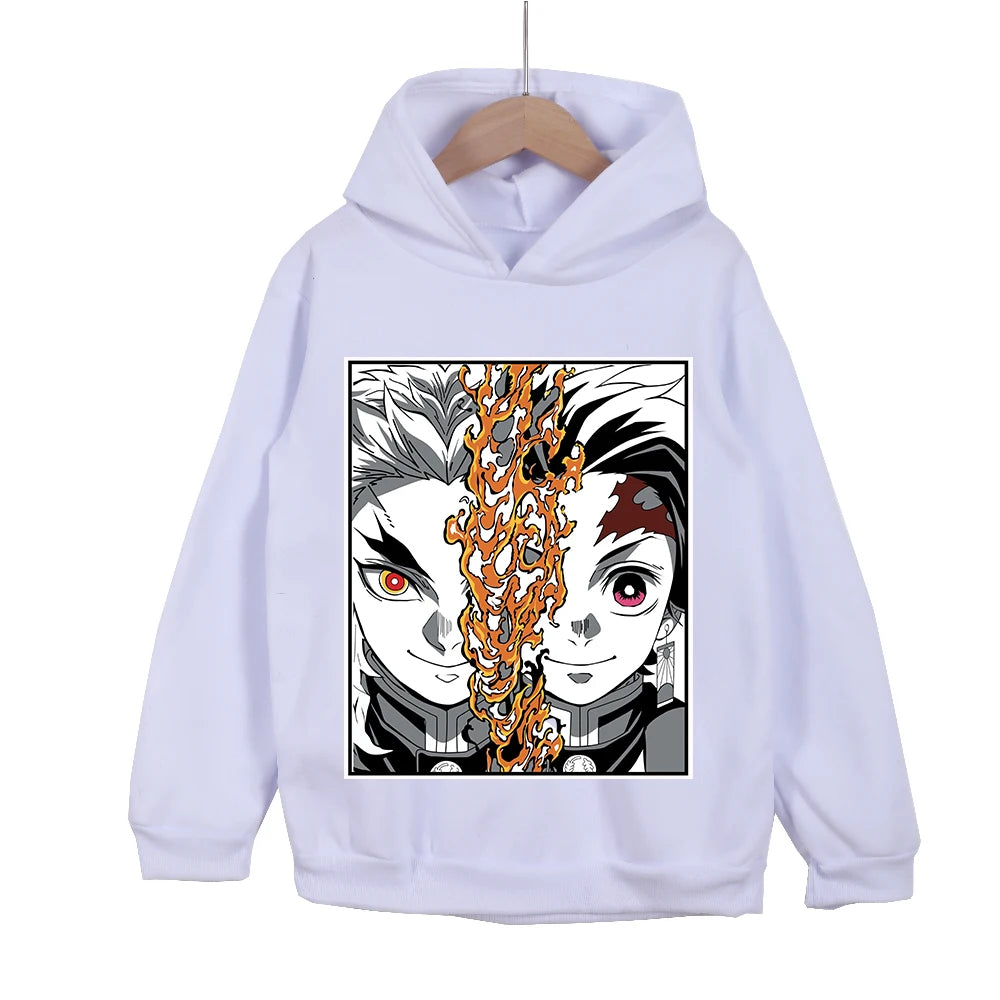 Kids Anime Hoodie Demon Slayer Rengoku x Tanjiro Print Cotton Sweatshirt Unisex Boys Girls Clothing 100-160cm