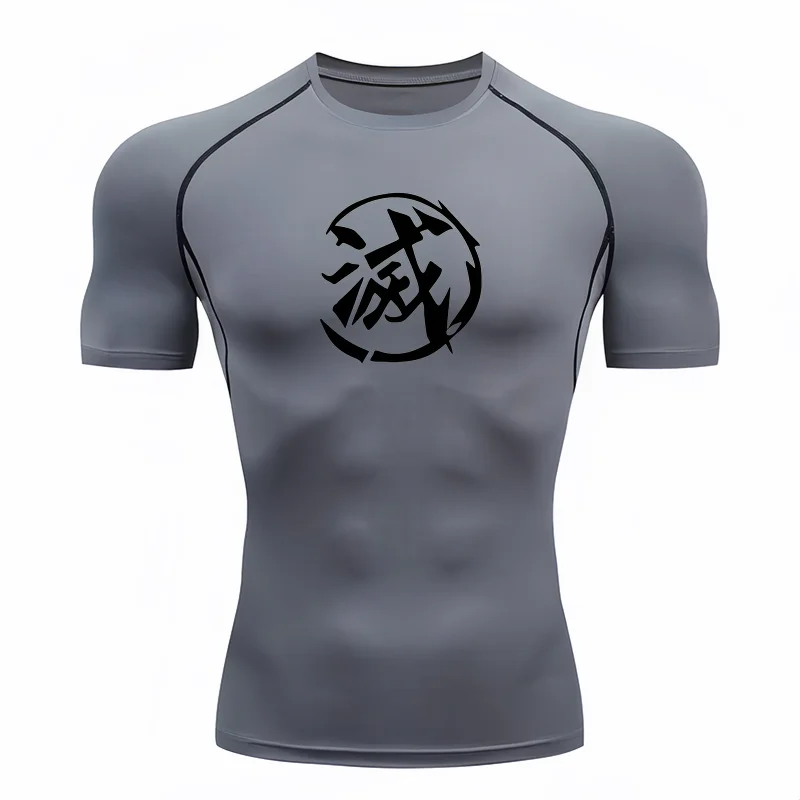 Bandai Demon Slayer Men T-shirt Destroyer Kanji Print Compression Fitness Gym Quick Dry Sport T Shirt Comfortable Breathable