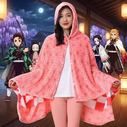 Demon Slayer Blanket Kimetsu No Yaiba Tanjirou Shinobu Pajamas Nezuko Cosplay Cloak Flannel Anime Hoodie Blanket Comfy Homewear