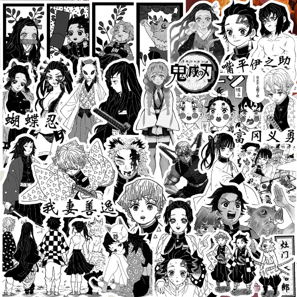 10/65pcs Anime Demon Slayer Black and White Stickers DIY Bike Travel Luggage Laptop Graffiti Cool Cartoon Kamado Nezuko Sticker