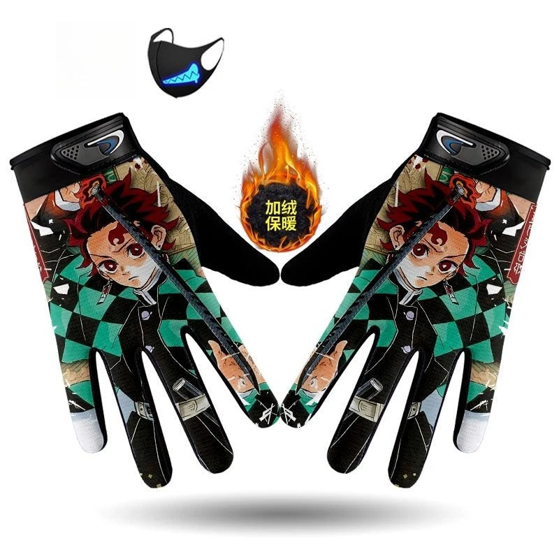 Demons Slayers Tanjiro Kamado Children's Warm Plus Velvet Ski Five-finger Gloves Men and Women Winter Cartoon Nezuko Gloves