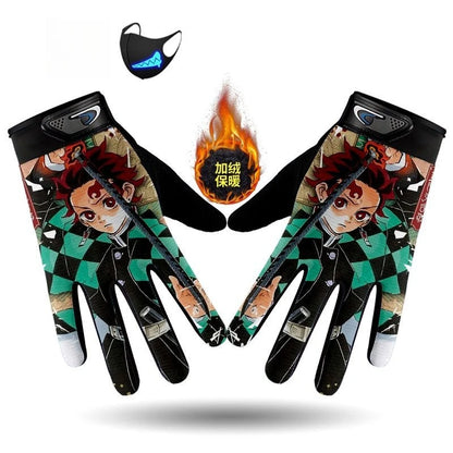 Demons Slayers Tanjiro Kamado Children's Warm Plus Velvet Ski Five-finger Gloves Men and Women Winter Cartoon Nezuko Gloves