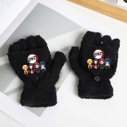 Demon Slayer Gloves Girl Boy Half Finger Flip Gloves Kamado Tanjirou Winter Outdoor Accessories Mittens Children Birthday Gifts