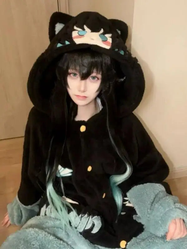 Y2K New Tokitou Muichiro Winter Pajama Anime Peripherals Demon Slayer Soft Plush Jumpsuit Kawaii Cosplay Nightwear Girls Gift