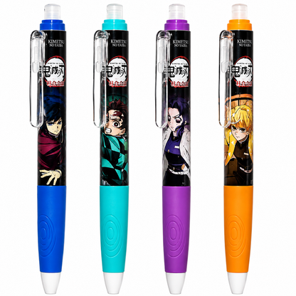 Quatre stylos effaçables imprimés de personnages, pointe rétractable et embout gomme